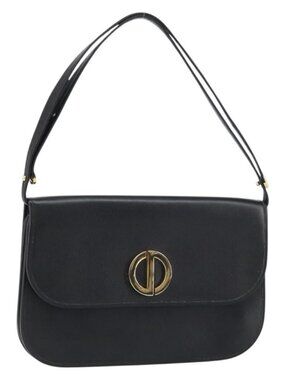 Authentic Christian Dior Shoulder Bag Leather Black Gold